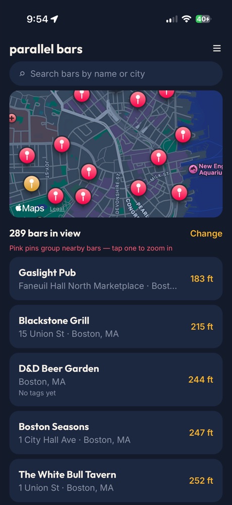 A map of Boston with nearby bars listed below it, each with its distance.