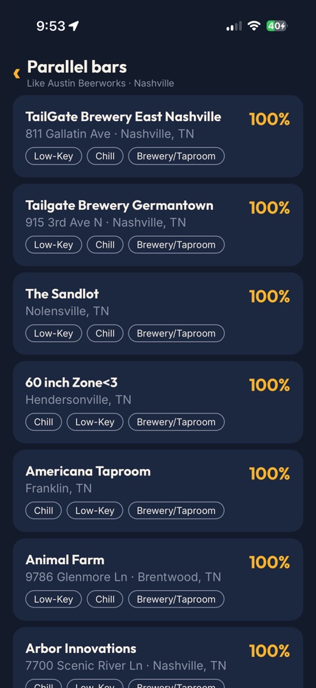 Bars in Nashville matched to Austin Beerworks, each showing 100 percent and the tags they share.