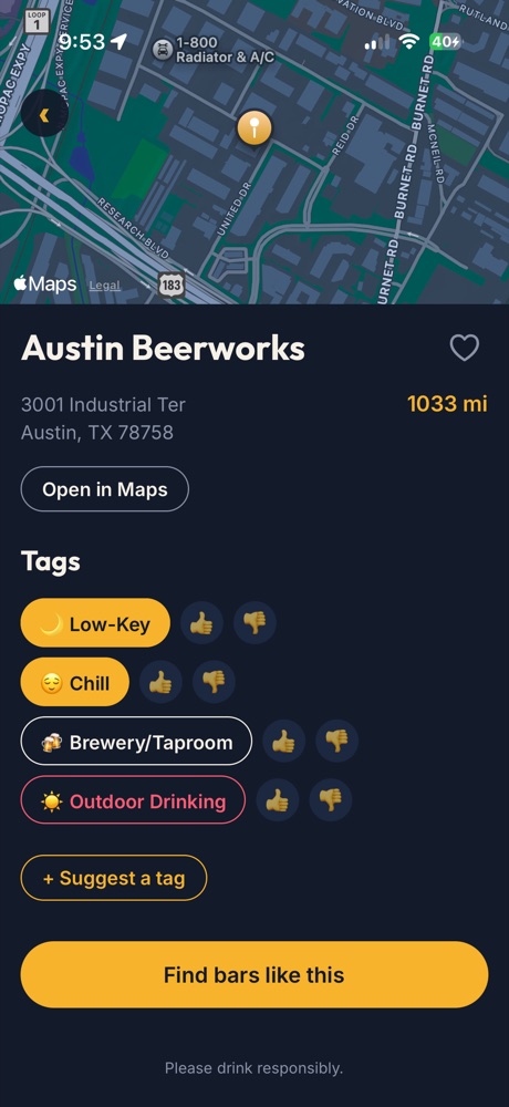 Austin Beerworks with the tags Low-Key, Chill, Brewery/Taproom and Outdoor Drinking, each with a thumbs up and thumbs down.