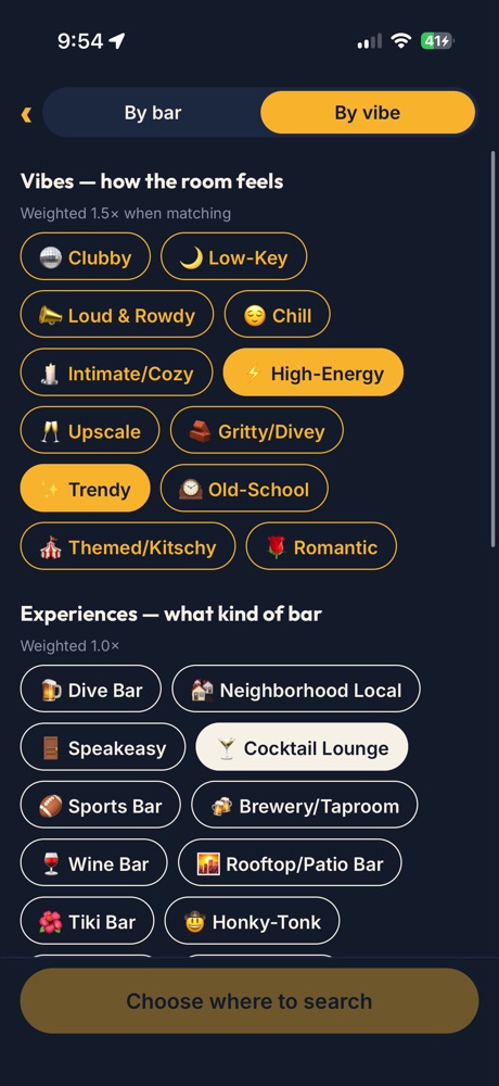 Vibe chips including Clubby, Low-Key, Trendy and High-Energy, above experience chips like Dive Bar and Speakeasy.